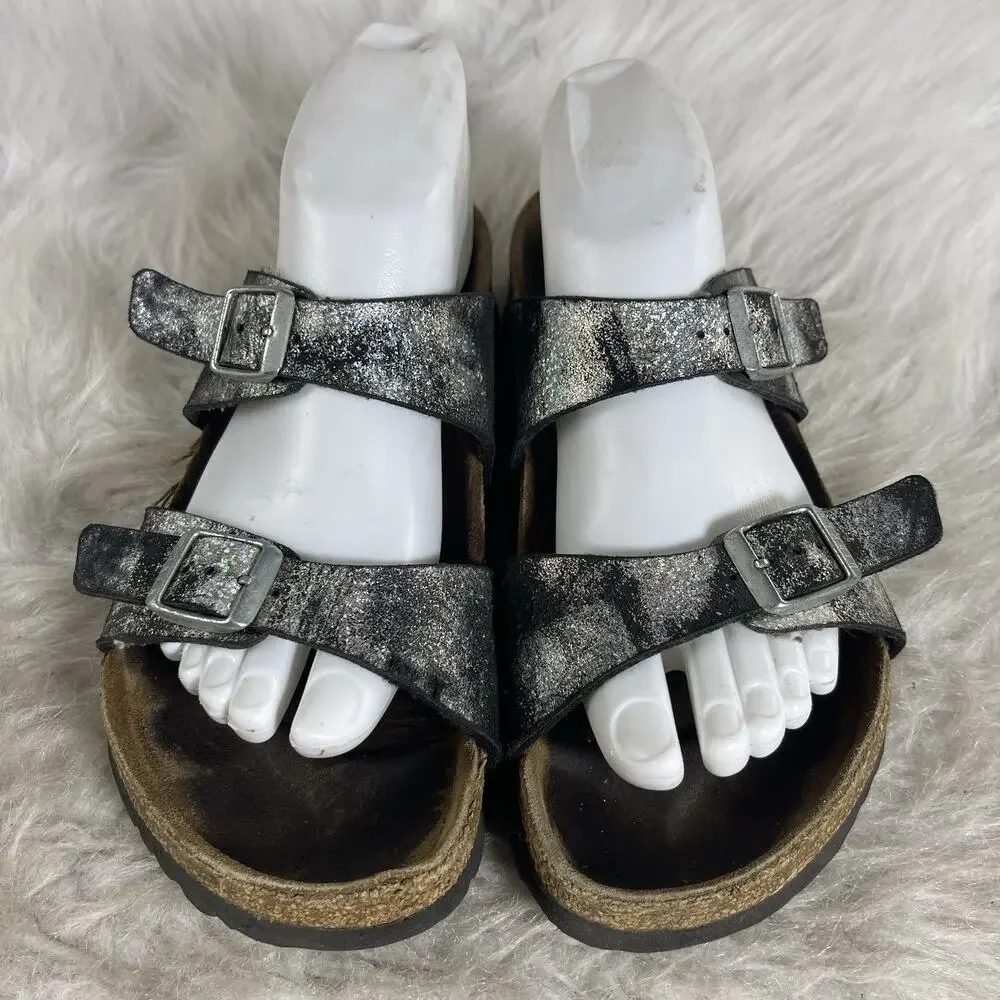 Birkenstock Arizona EU38 , US 7 Regular Black Silver Metallic Leather Sandals - Picture 8 of 12
